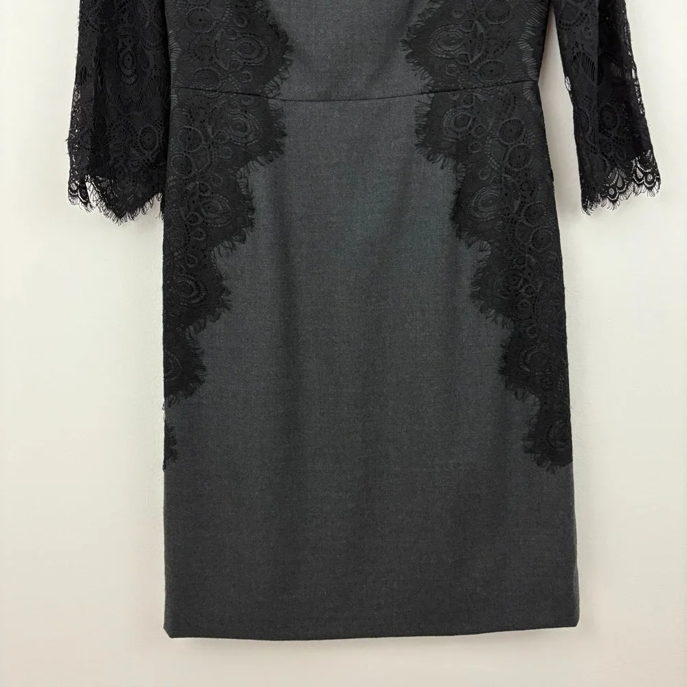 NWT Tory Burch Lainey Dress Size 6 Grey Melange Black Lace 3/4 Sleeve Wool Blend